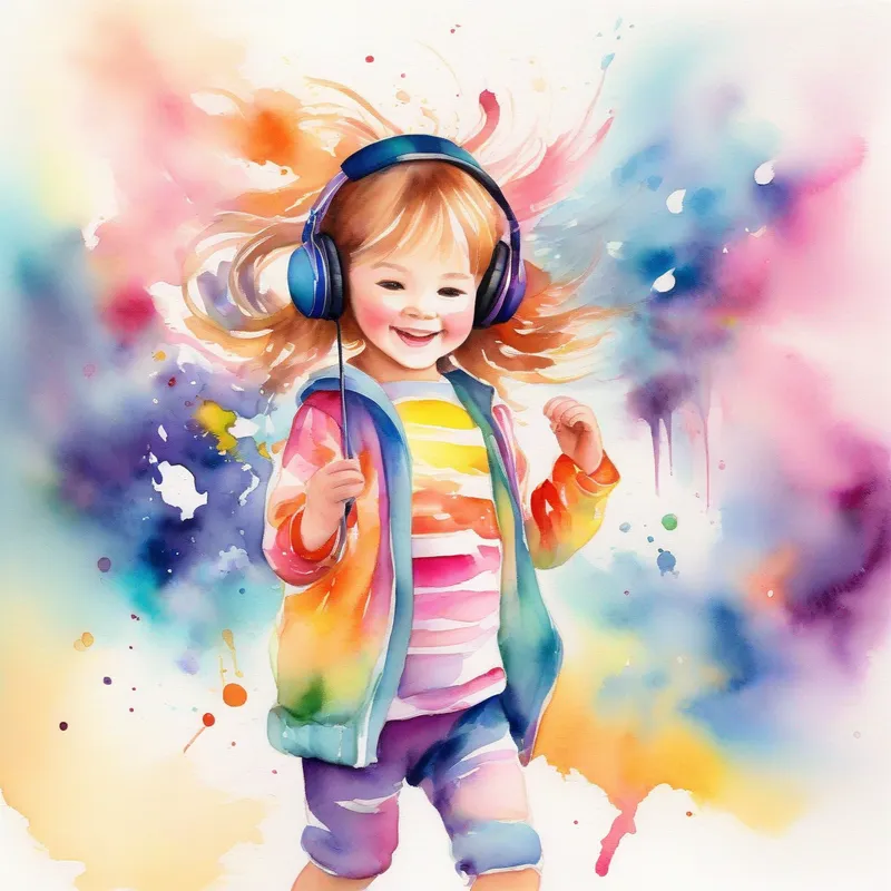 A little girl with colorful clothes and headphones, full of energy receives an invitation to a music festival, practices hard