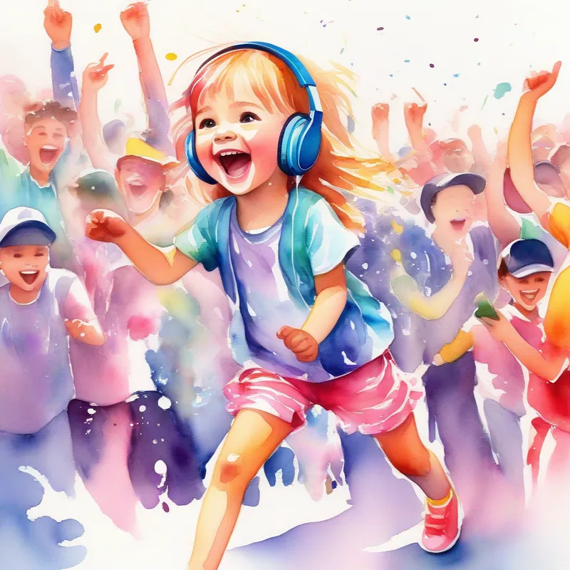 A little girl with colorful clothes and headphones, full of energy performs at the music festival, crowd cheering and dancing
