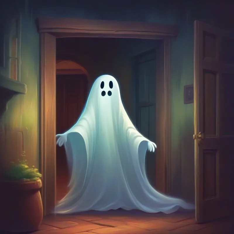 Friendly ghost in a sheet, happy and kind. in a spooky old house, scared of humans.