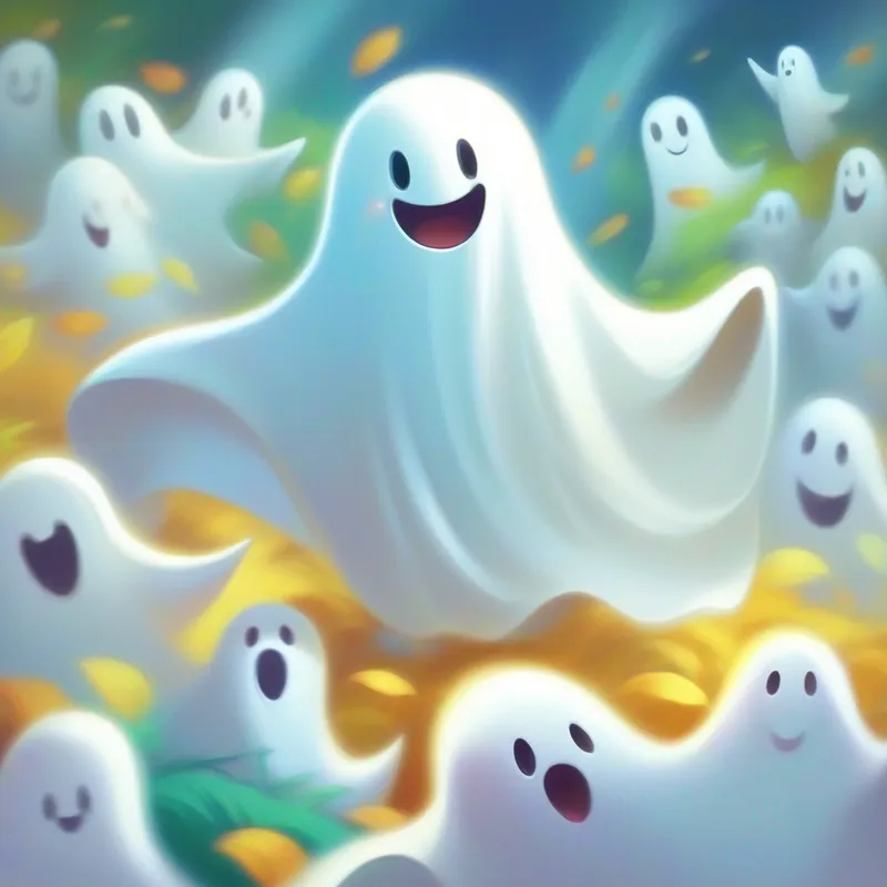 Friendly ghost in a sheet, happy and kind. and humans playing together, happy and friendly.