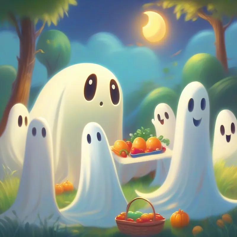 Friendly ghost in a sheet, happy and kind. and humans playing games and having a picnic.
