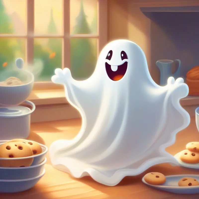 Friendly ghost in a sheet, happy and kind. baking cookies for the new family.