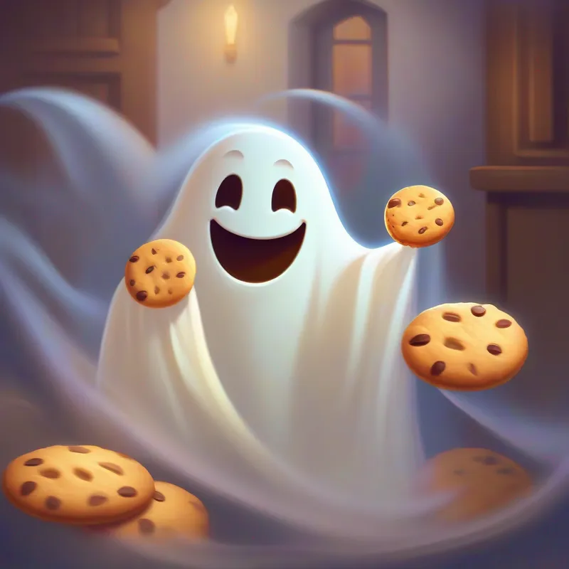 Friendly ghost in a sheet, happy and kind. giving the cookies to the new family.