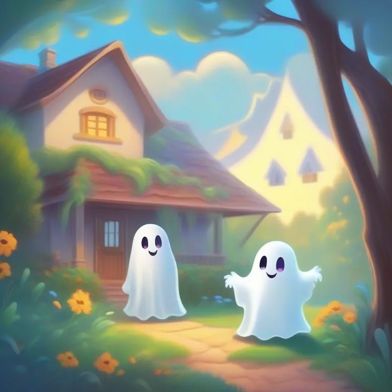 Friendly ghost in a sheet, happy and kind. and the new family happily living in the cozy house.
