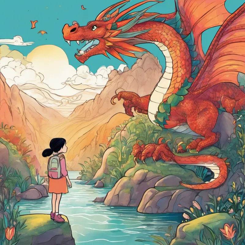 Lily's heart raced with a mix of fear and excitement. She hesitated for a moment, feeling a little unsure about facing the dragon. But deep inside, she knew she wanted to discover the magical place Freddie spoke about. Taking a deep breath, Lily convinced herself to be brave and walked ahead with confidence. As she reached the Dream Bridge, a great dragon appeared before her. It flicked its scaly tail and growled loudly.