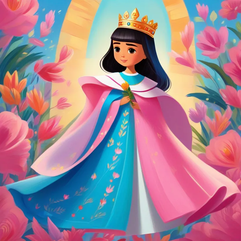 Princesa Aitana: vestido rosa con corona y varita y Princesa Guadalupe: vestido azul con corona y varita ayudando al pajarito herido: colores suaves y expresiones amables