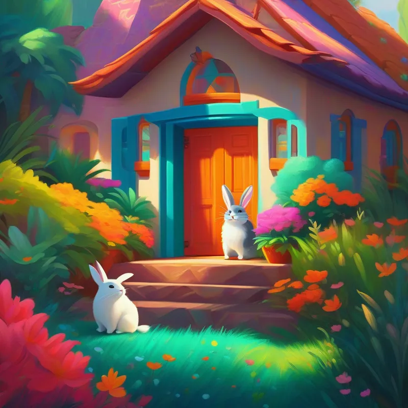Conejito feliz en su nueva casa: colores cálidos y una casita acogedora
