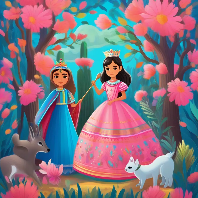 Princesa Aitana: vestido rosa con corona y varita y Princesa Guadalupe: vestido azul con corona y varita salvando a los animales: colores oscuros y árboles caídos