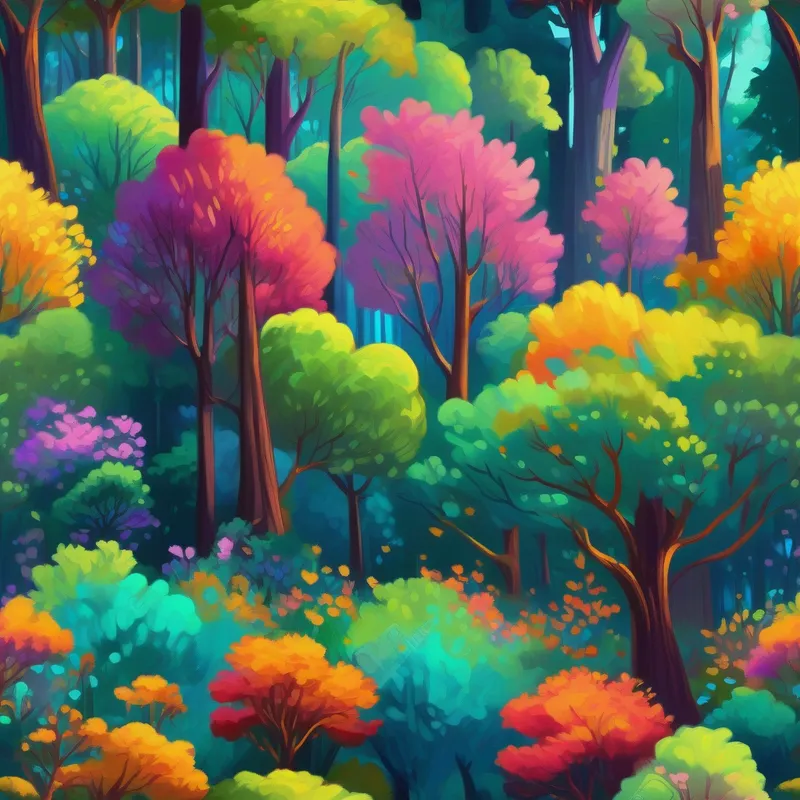 El Bosque Encantado en armonía: colores brillantes y expresiones felices
