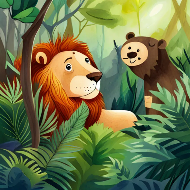 Lion is brave and has golden fur. and Bear is cuddly and has dark brown fur. playing together in the jungle