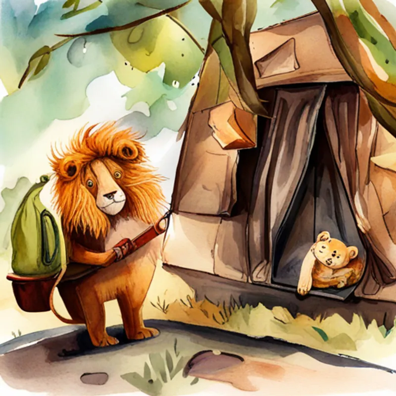 Lion is brave and has golden fur. and Bear is cuddly and has dark brown fur. packing their backpacks for the adventure