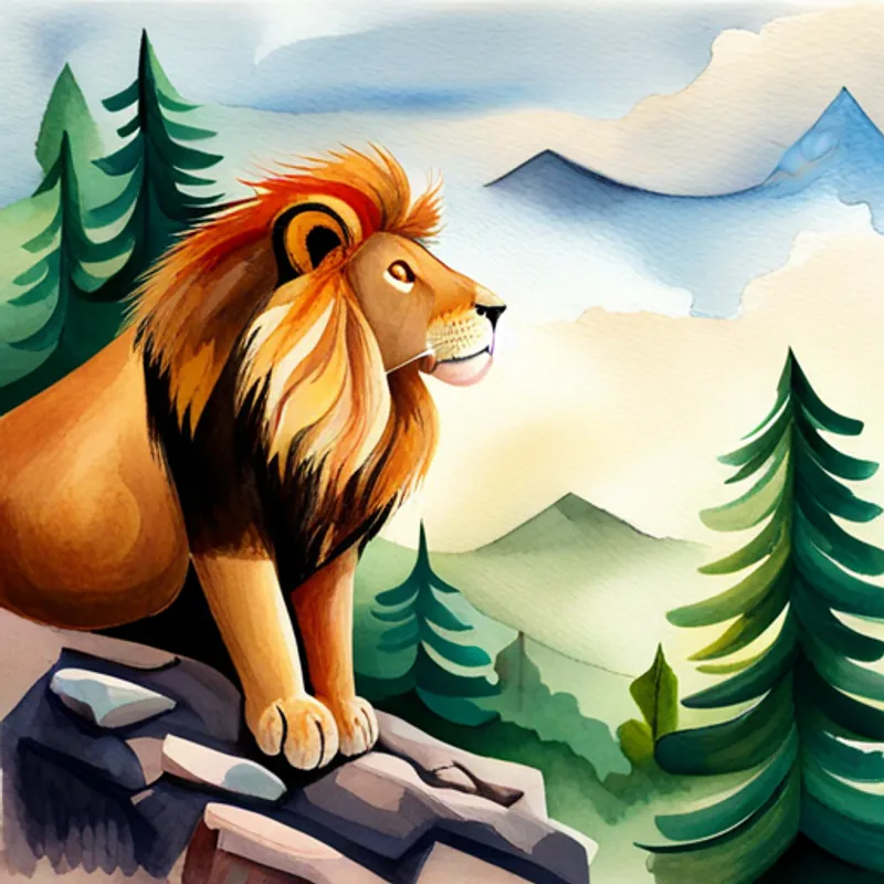 Lion is brave and has golden fur. and Bear is cuddly and has dark brown fur. climbing a mountain with trees and clouds