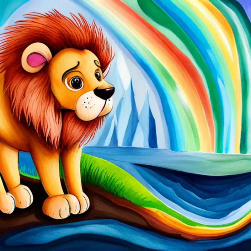 Lion is brave and has golden fur. and Bear is cuddly and has dark brown fur. admiring a colorful waterfall with rainbows