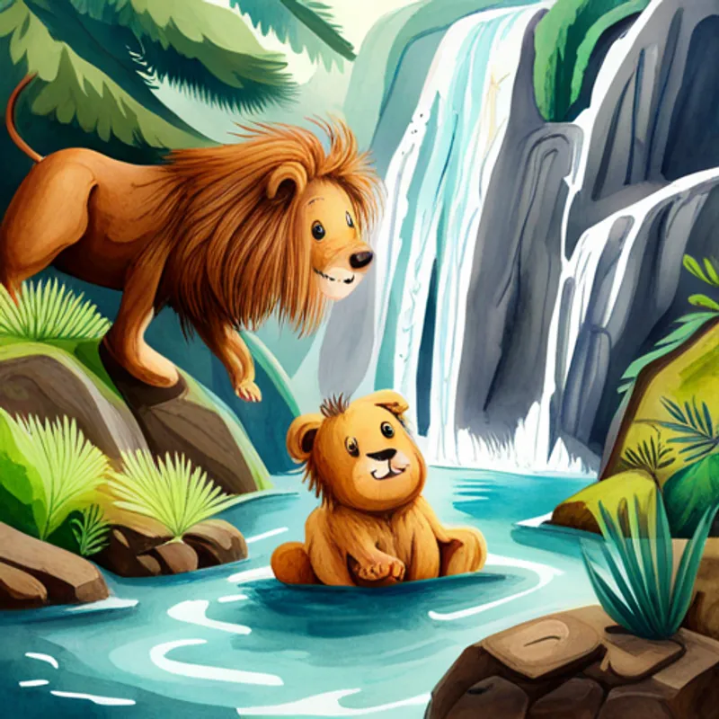 Lion is brave and has golden fur. and Bear is cuddly and has dark brown fur. laughing and playing in the waterfall