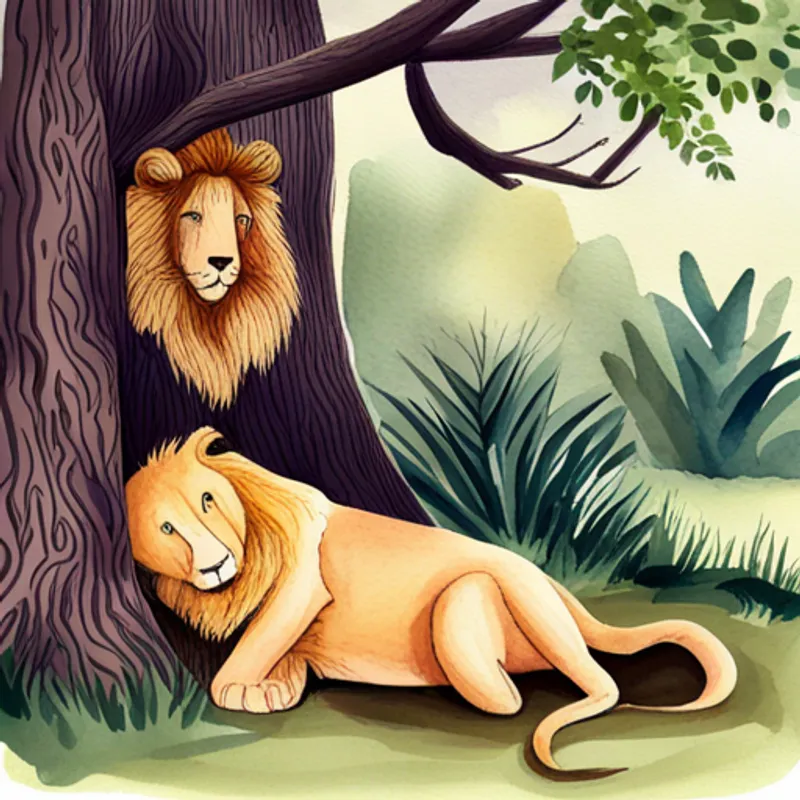 Lion is brave and has golden fur. and Bear is cuddly and has dark brown fur. sleeping under a shady tree