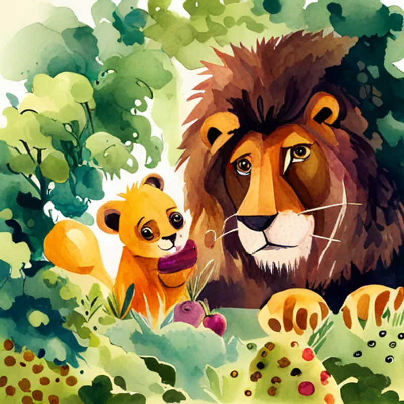 Lion is brave and has golden fur. and Bear is cuddly and has dark brown fur. happily eating juicy fruits together