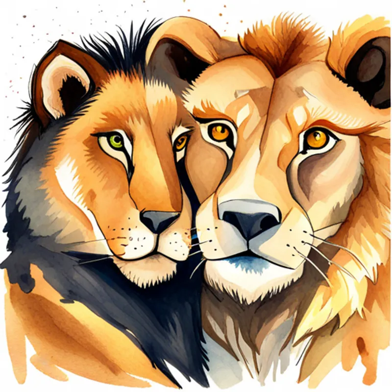 Lion is brave and has golden fur. and Bear is cuddly and has dark brown fur. hugging each other and smiling