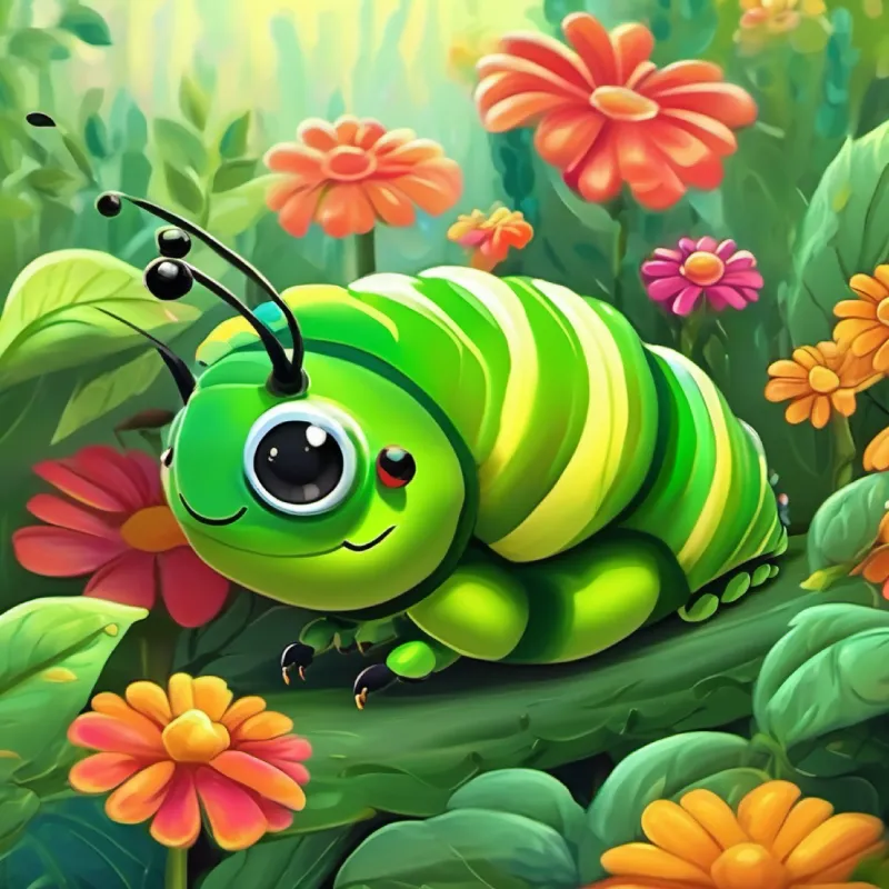 Introducing Small, green caterpillar with tiny black eyes, later colorful wings the caterpillar in her garden home.