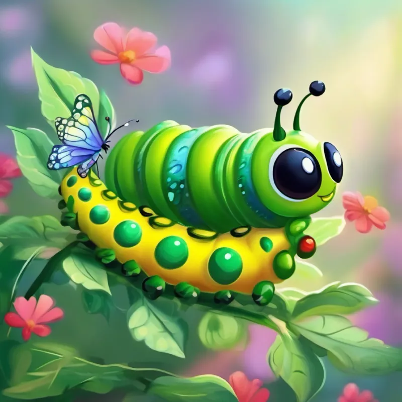 Small, green caterpillar with tiny black eyes, later colorful wings envying the butterflies, desires to fly.