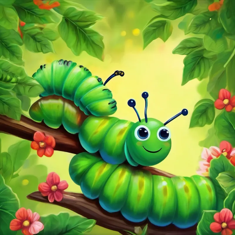 Small, green caterpillar with tiny black eyes, later colorful wings sharing stories with fellow caterpillars, motivating them.