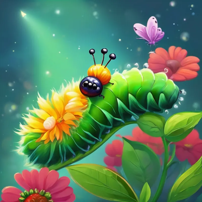 Small, green caterpillar with tiny black eyes, later colorful wings climbing a flower, yearning to be nearer to the sky.