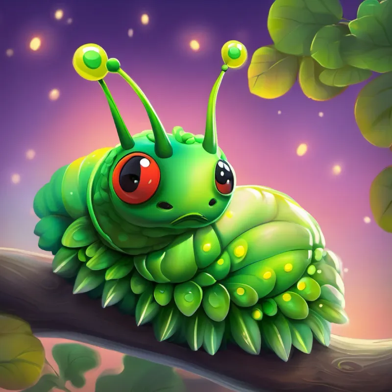 Small, green caterpillar with tiny black eyes, later colorful wings preparing to form a chrysalis.