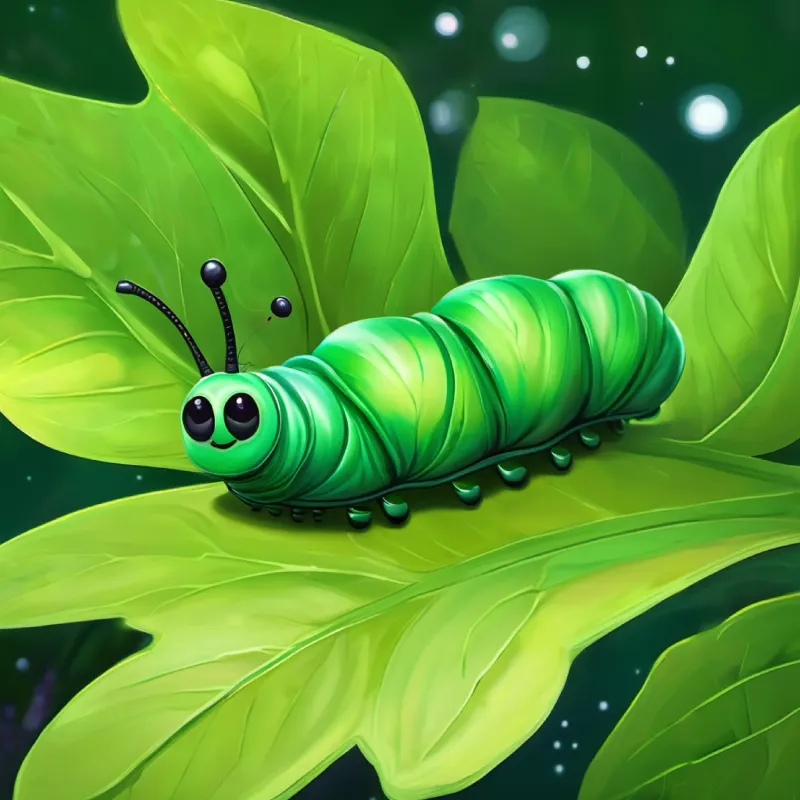 Small, green caterpillar with tiny black eyes, later colorful wings sleeping in her chrysalis, dreaming.