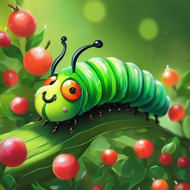 Small, green caterpillar with tiny black eyes, later colorful wings's chrysalis wiggling, hinting at transformation.