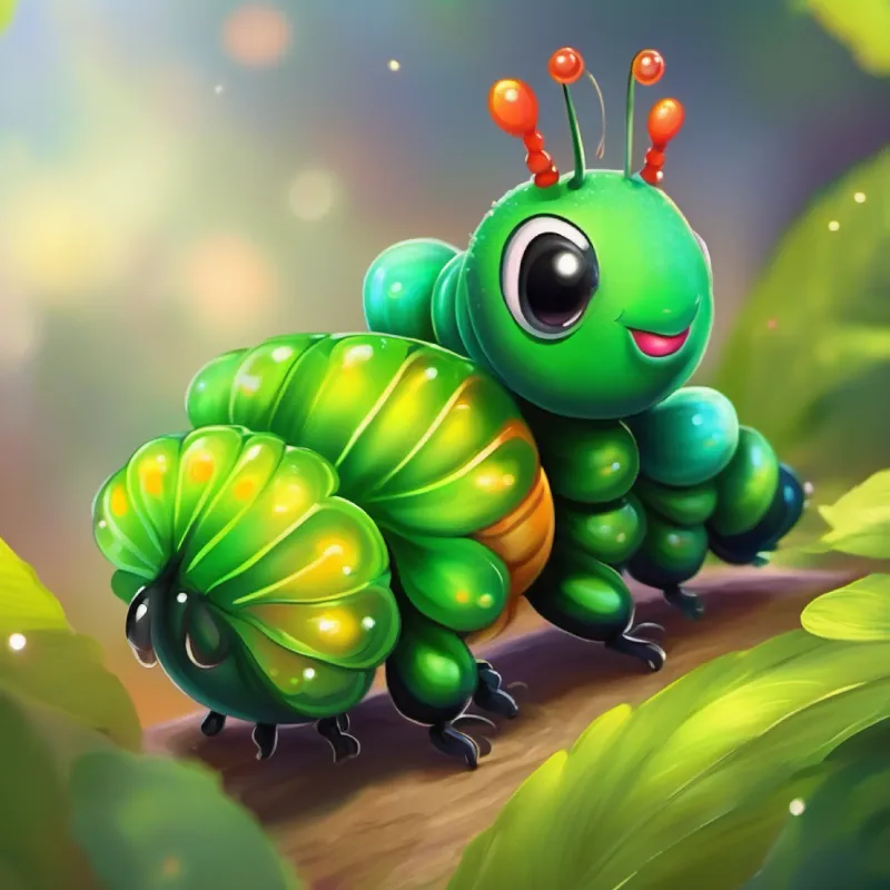 Small, green caterpillar with tiny black eyes, later colorful wings realizing her transformation into a butterfly.