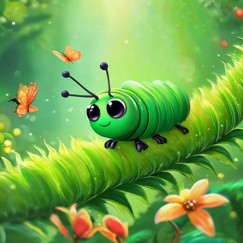 Small, green caterpillar with tiny black eyes, later colorful wings's first flight, discovering the garden's beauty.