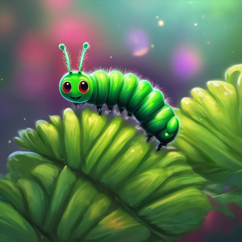 Small, green caterpillar with tiny black eyes, later colorful wings inspiring other caterpillars by flying.