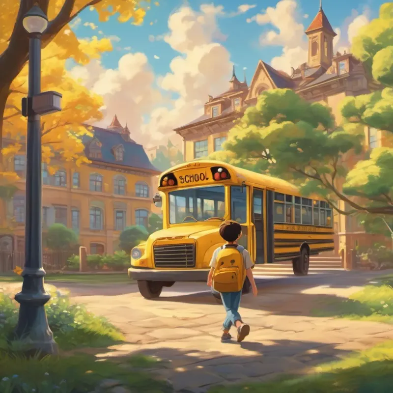 A cheerful boy stepping off a yellow school bus, greeted by a sunny sky and a vibrant school building.