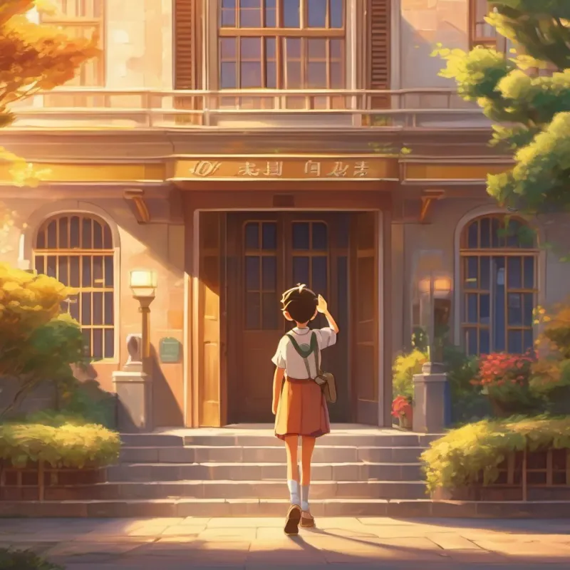 A boy and girl waving goodbye to each other outside the school building, with the sun setting in the background, casting golden hues.