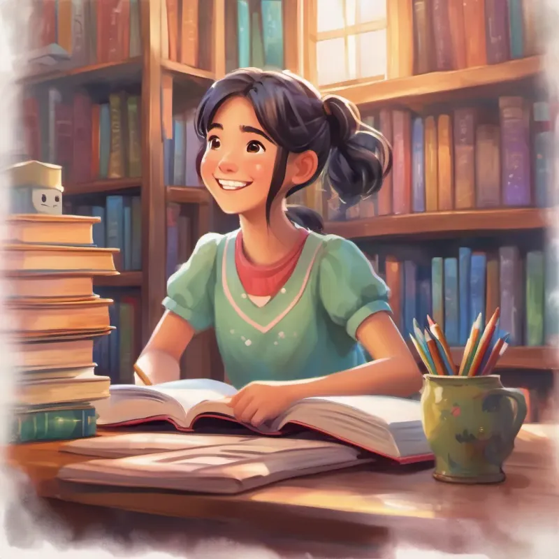 A happy girl with pigtails sitting at a desk filled with colorful books, speaking excitedly to a new friend.