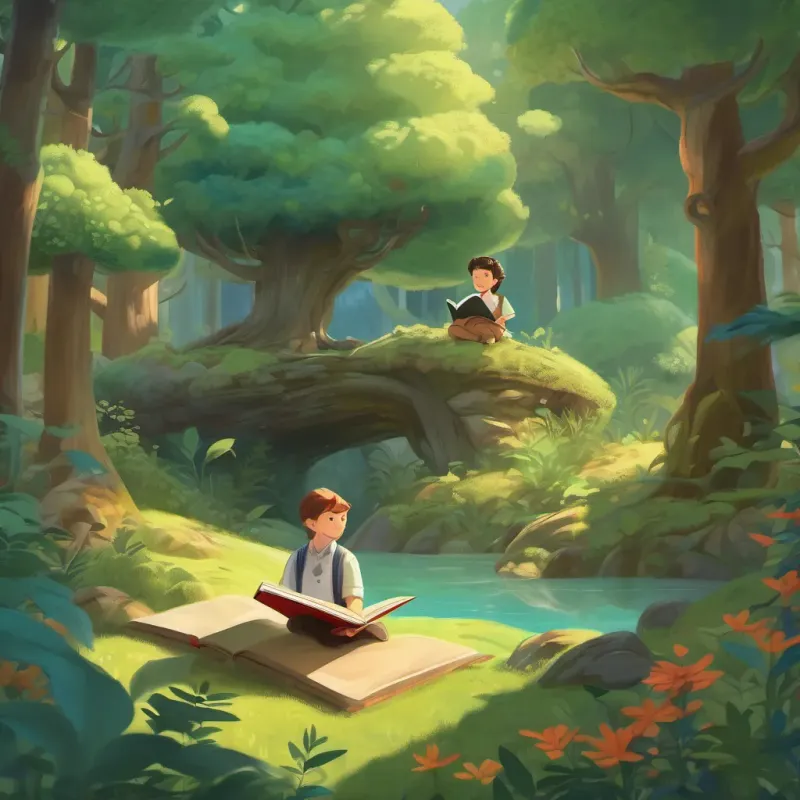 A teacher reading aloud to an attentive class, with a beautifully illustrated book depicting a magical forest.