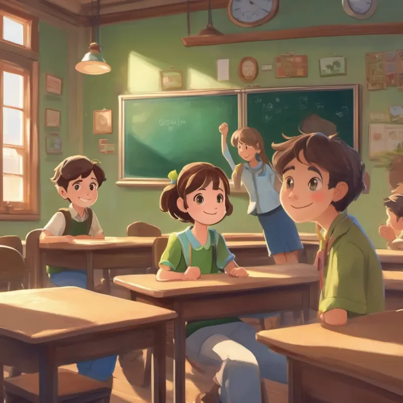 A smiling girl sitting next to a shy boy with brown hair and green eyes. They are in a classroom.