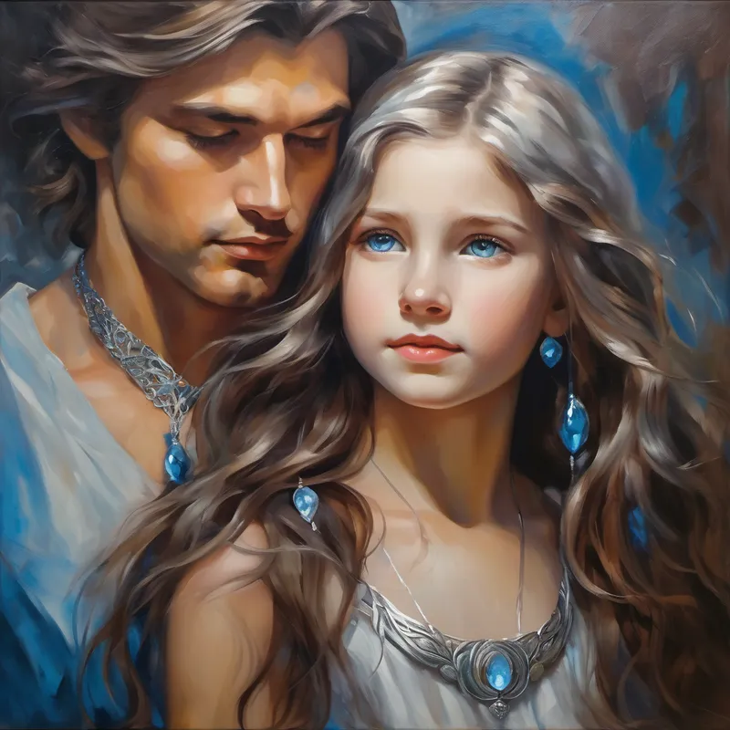 little girl with flowing brown hair, wearing a silver necklace. and Mysterious young man with silver hair and blue eyes. overcome challenges with the power of love