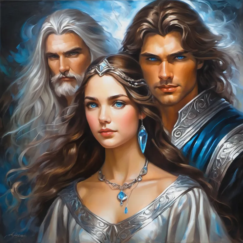 little girl with flowing brown hair, wearing a silver necklace. and Mysterious young man with silver hair and blue eyes. face powerful sorceress to protect dimensions