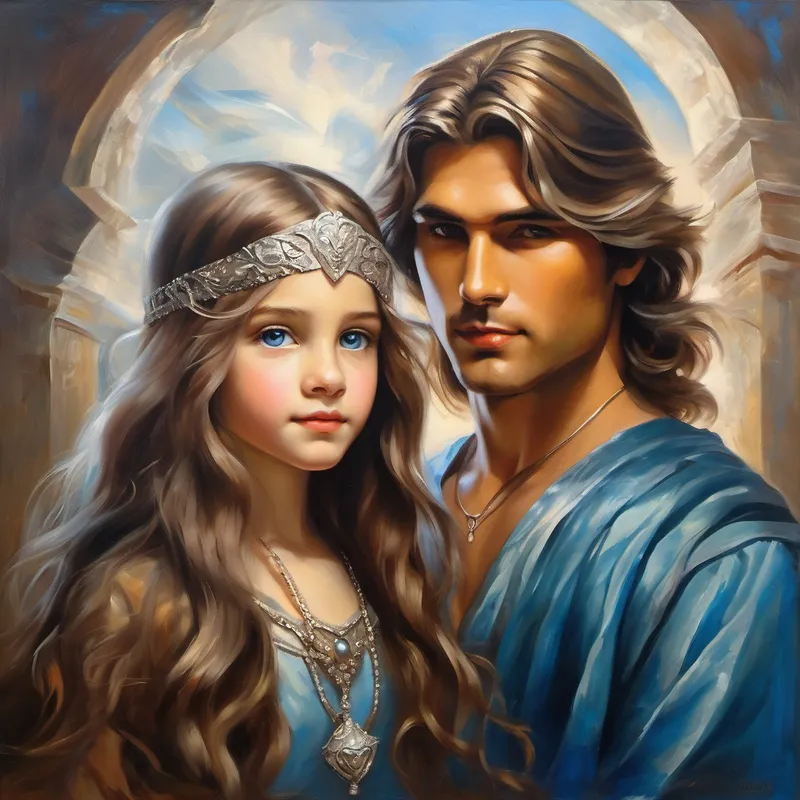little girl with flowing brown hair, wearing a silver necklace. and Mysterious young man with silver hair and blue eyes.'s love transcends dimensions and saves worlds
