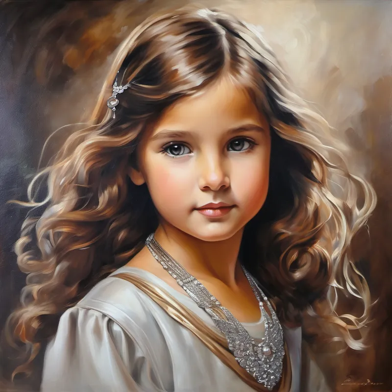 little girl with flowing brown hair, wearing a silver necklace. cherishes memories of love across dimensions