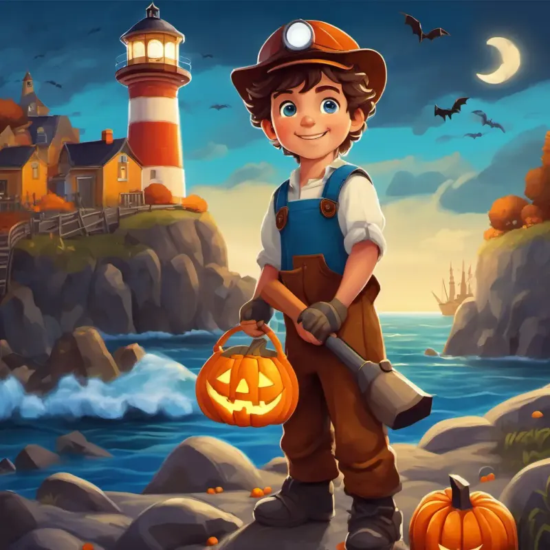 In a small town near the sea, Young builder with curly brown hair, bright blue eyes, and a determined look was playing with his tools and blocks, imagining the lighthouse he would build. He had a big smile on his face, ready for the adventure ahead.