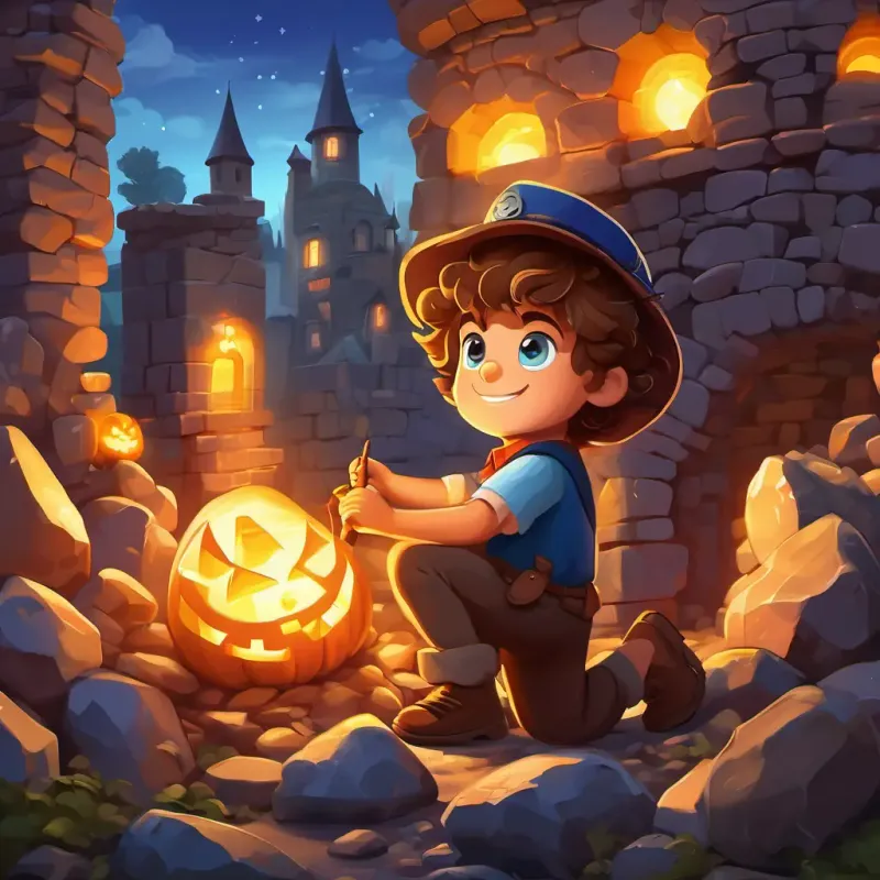 Young builder with curly brown hair, bright blue eyes, and a determined look was in his backyard, surrounded by piles of stones, bricks, and glass. He was carefully arranging and stacking them to form a tall tower. The sun's rays reflected off the glass pieces, giving the tower a magical glow.