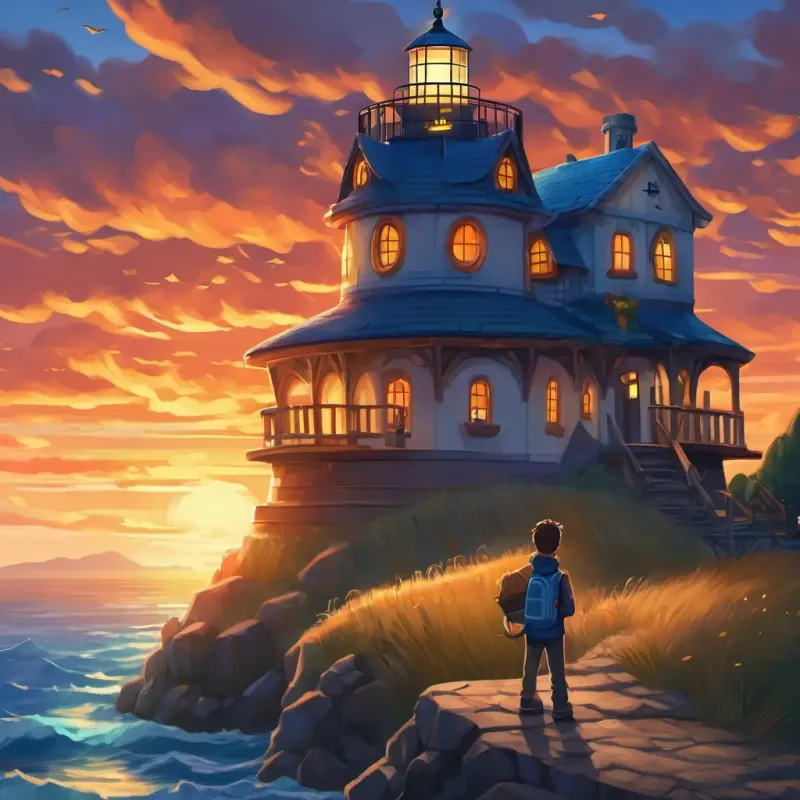In the evening breeze, Young builder with curly brown hair, bright blue eyes, and a determined look stood by his completed lighthouse, admiring his hard work. The tower reached high up into the sky, with a glowing light at the very top. The sea sparkled below as ships sailed in the distance, waiting for the light to guide them.