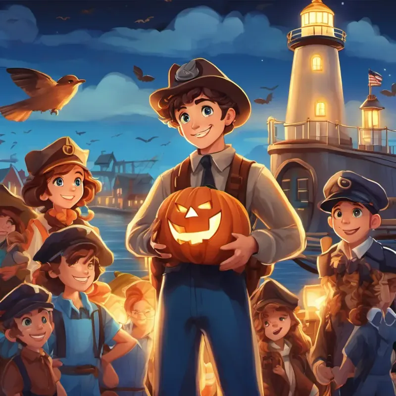 At the harbor, sailors gathered around the lighthouse, expressing their gratitude to Young builder with curly brown hair, bright blue eyes, and a determined look. They shook his hand, smiling with relief and appreciation. Young builder with curly brown hair, bright blue eyes, and a determined look's face beamed with joy, feeling proud of his accomplishment.
