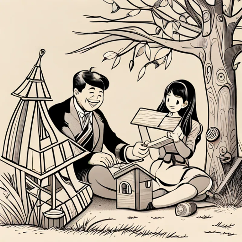 Lily and her father building a birdhouse happily