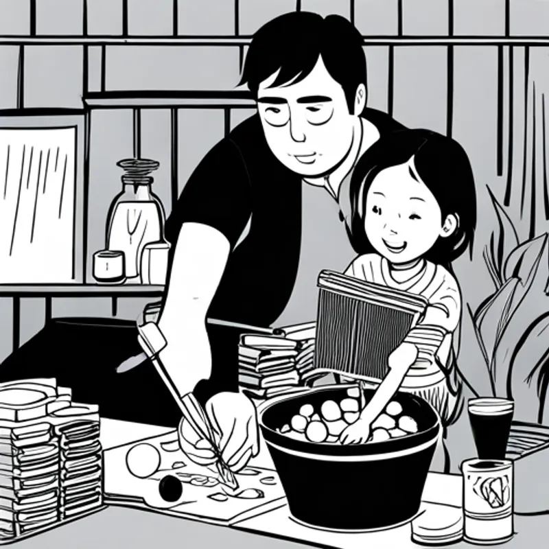 Lily and her dad collecting materials and painting