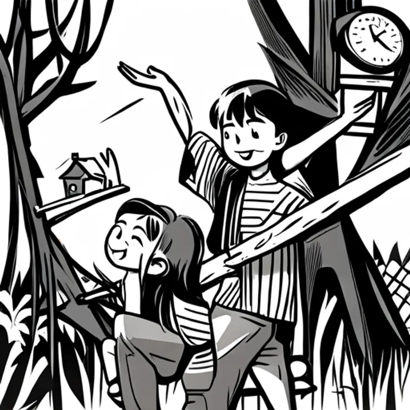 Lily and her dad excitedly placing the birdhouse on a tree branch