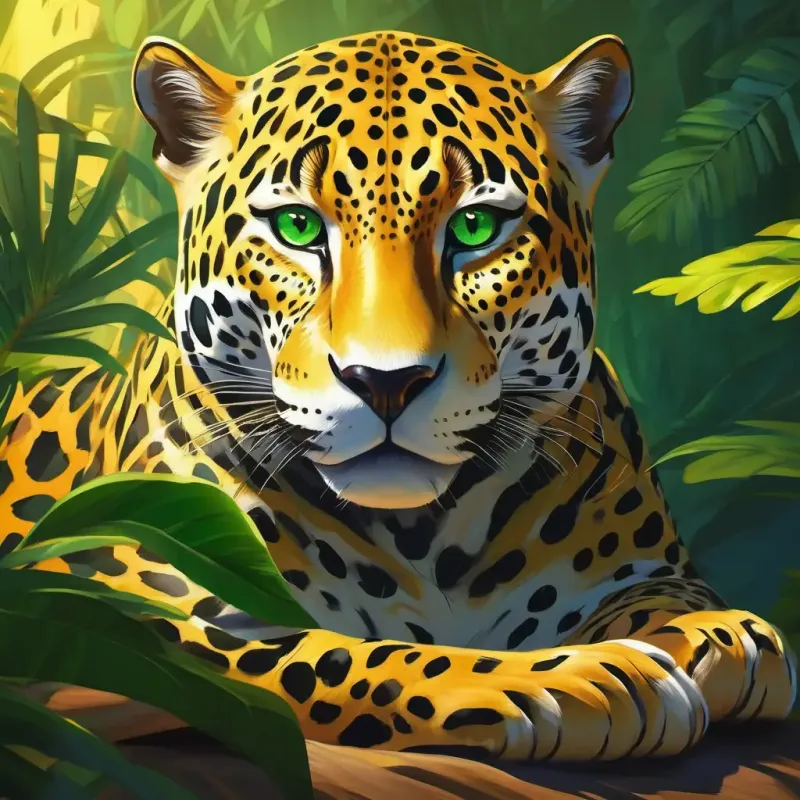 Meeting a Sleek and powerful jaguar, golden skin, mysterious green eyes, learning secrets of the Amazon