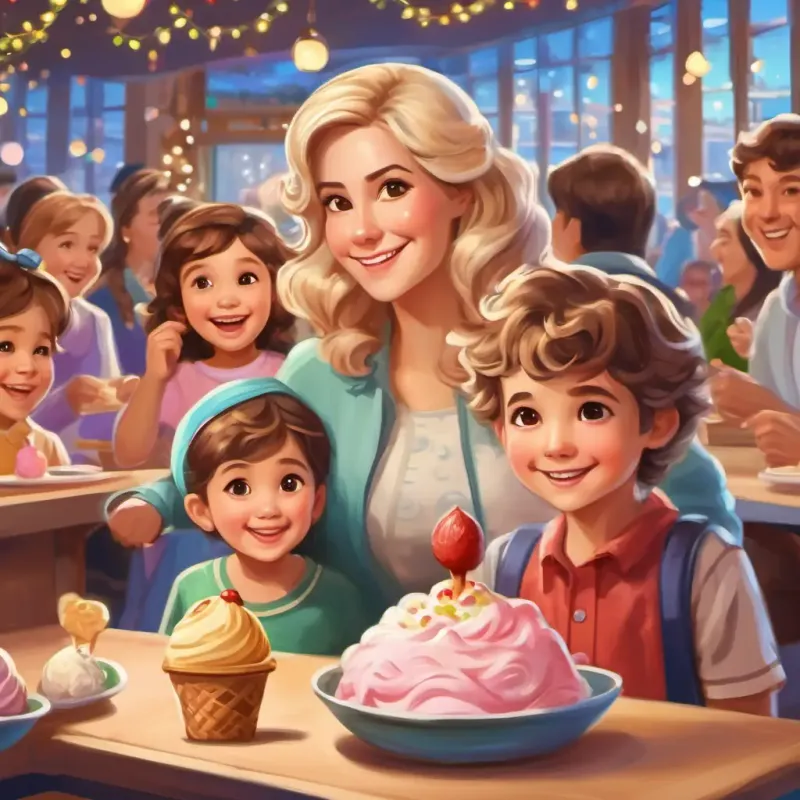 Wavy blond hair, brown eyes, joyful expression's family joining her at the ice cream tasting event.