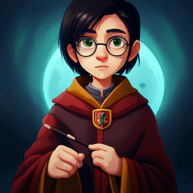 Black hair, glasses, green eyes, wearing a Gryffindor robe. finds a wand in a dusty attic